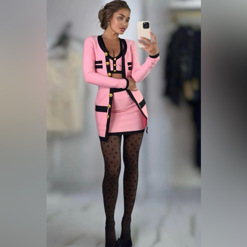 New Jessica Bara Pink and Black 3 piece skirt set  with Gold Accents size S